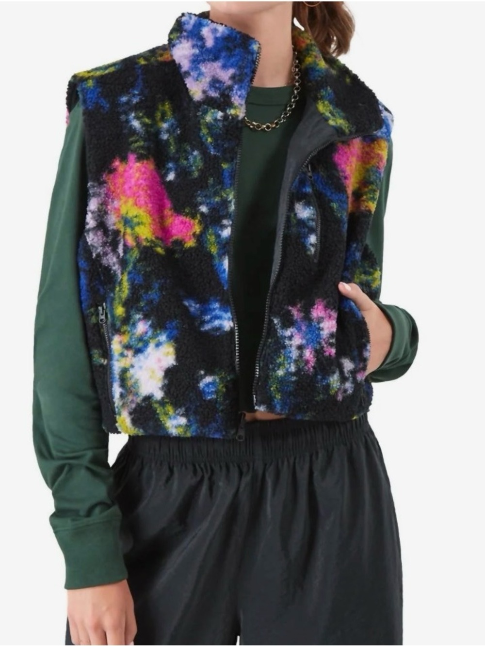 🍁🍂🌸Champion Black Sherpa Zip Vest with Neon Tie-Dye Accents
